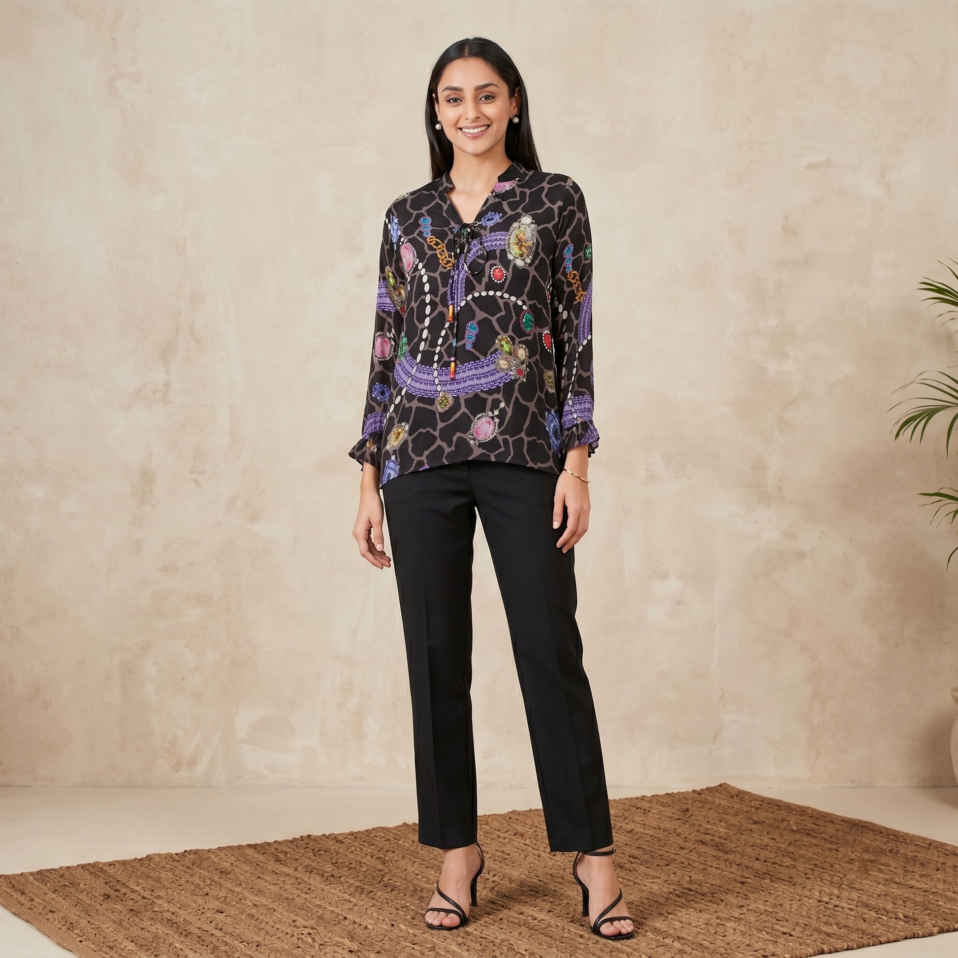 Black Jewel Print Top for Women – Viscose Crepe | First Resort by Ramola Bachchan