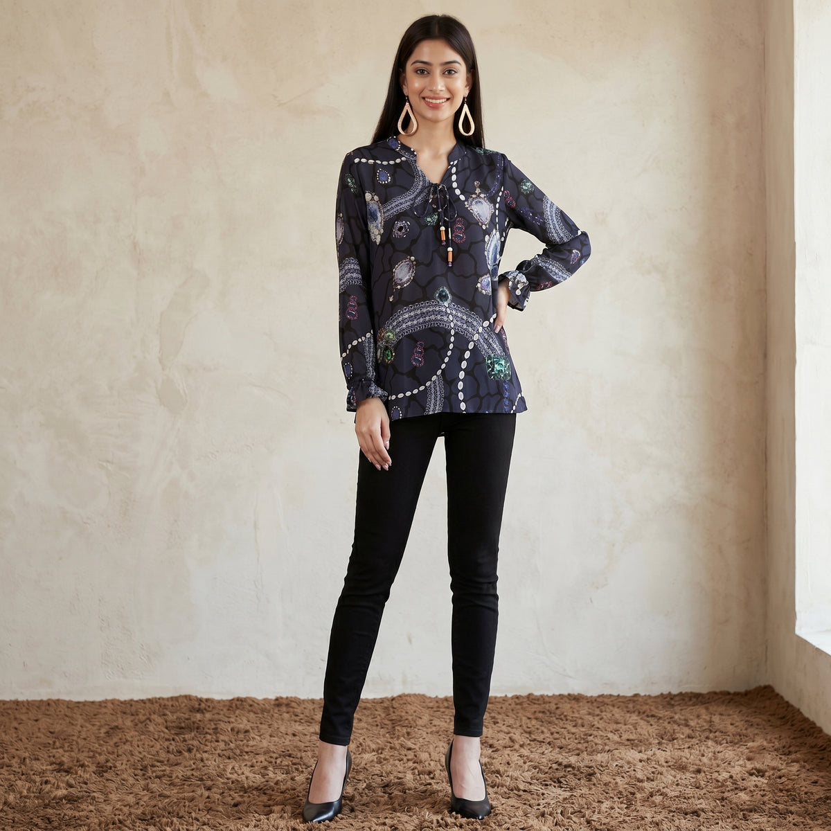 Blue Jewel Print Top for Women – Viscose Crepe | First Resort by Ramola Bachchan