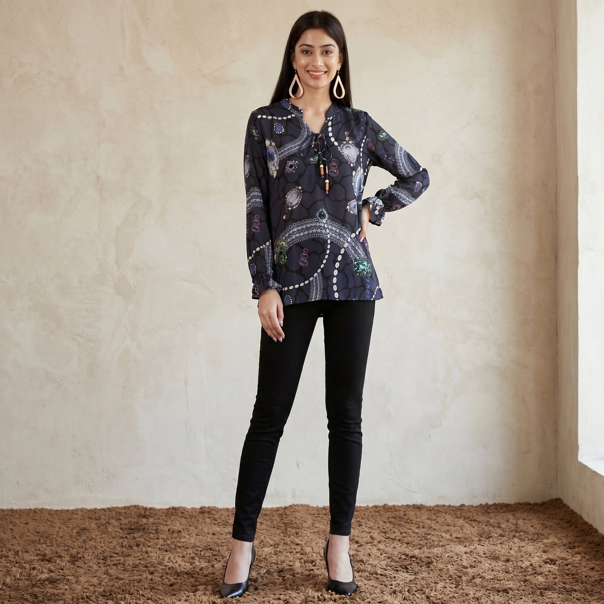 Blue Jewel Print Top for Women – Viscose Crepe | First Resort by Ramola Bachchan