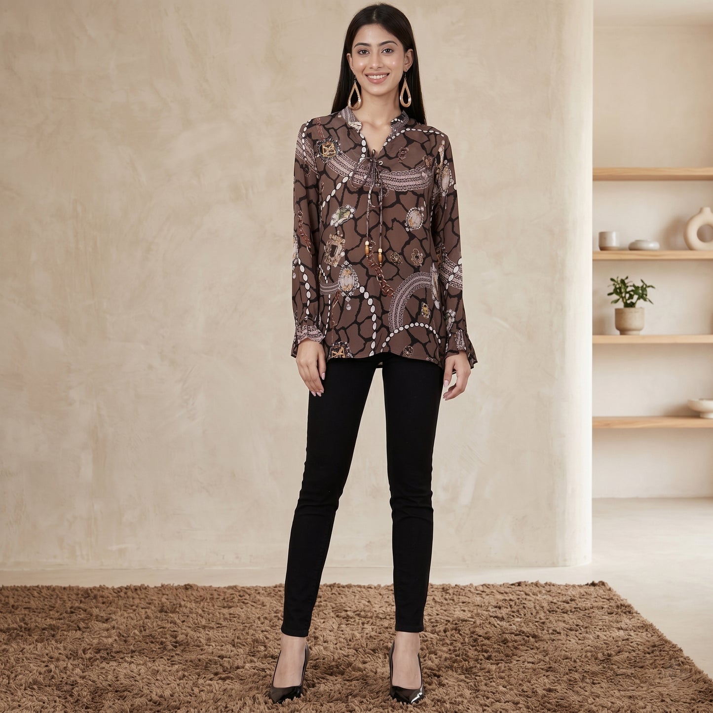 Brown Jewel Print Top for Women – Viscose Crepe | First Resort by Ramola Bachchan