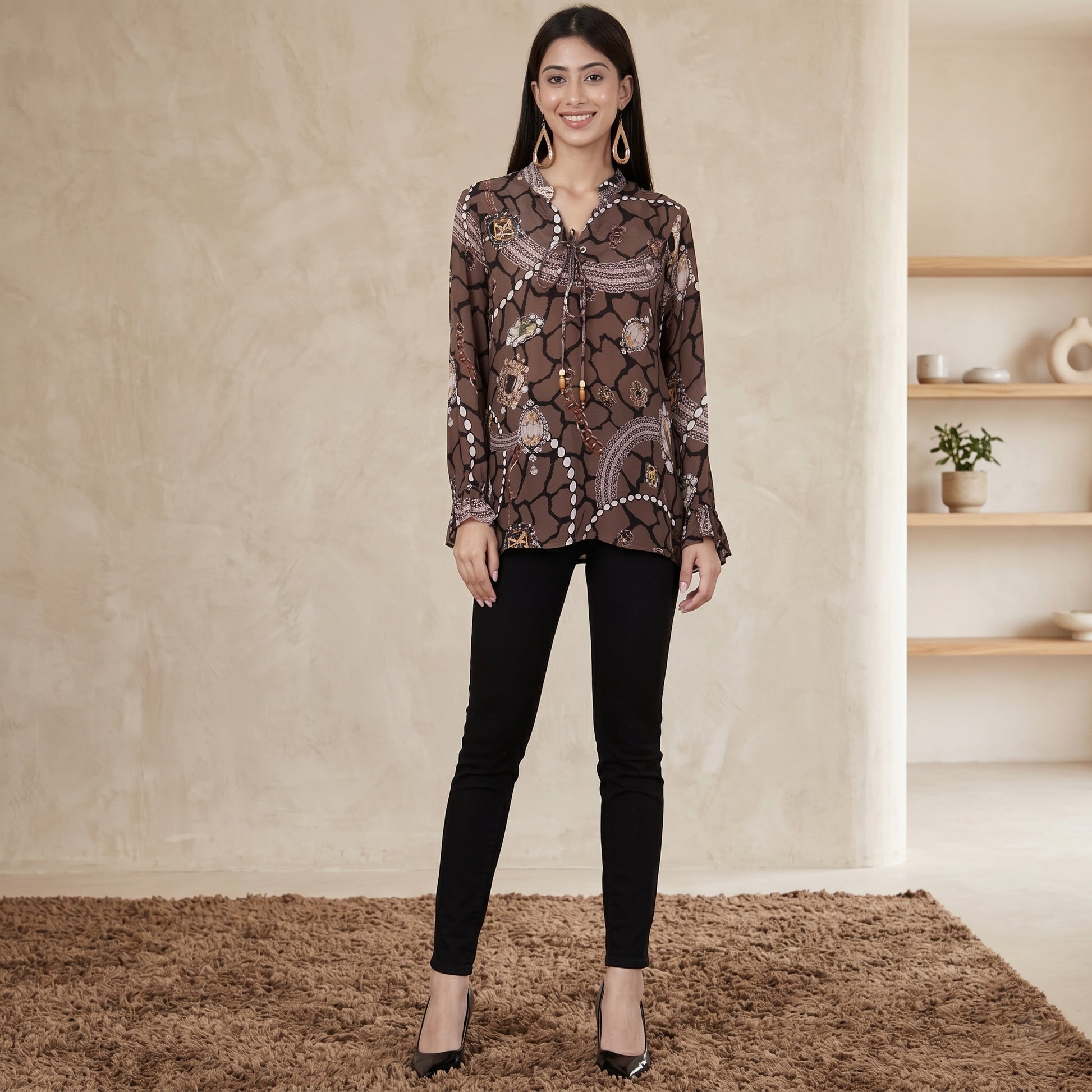 Brown Jewel Print Top for Women – Viscose Crepe | First Resort by Ramola Bachchan