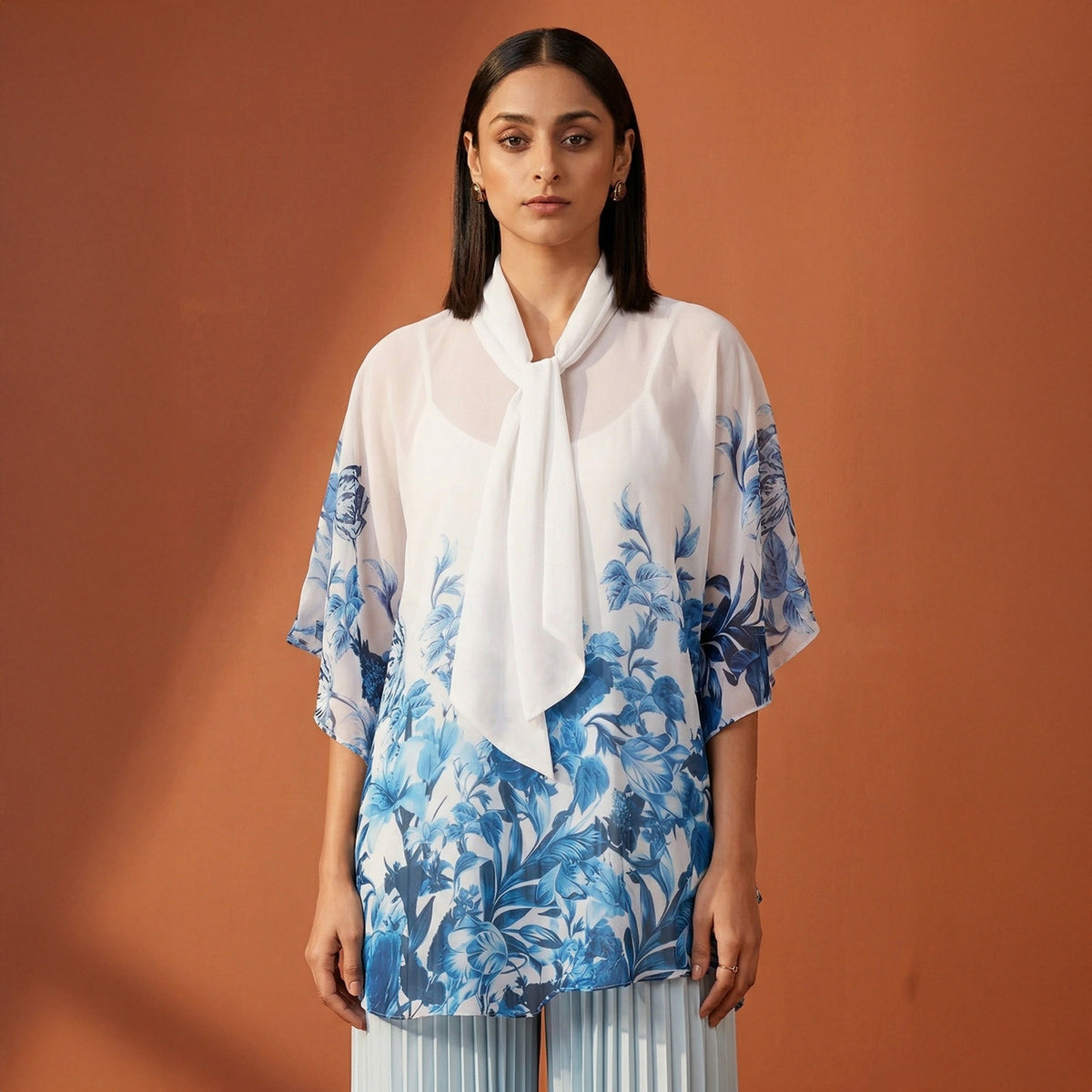 Blue Floral Print Top for Women – Polyester Georgette | First Resort by Ramola Bachchan