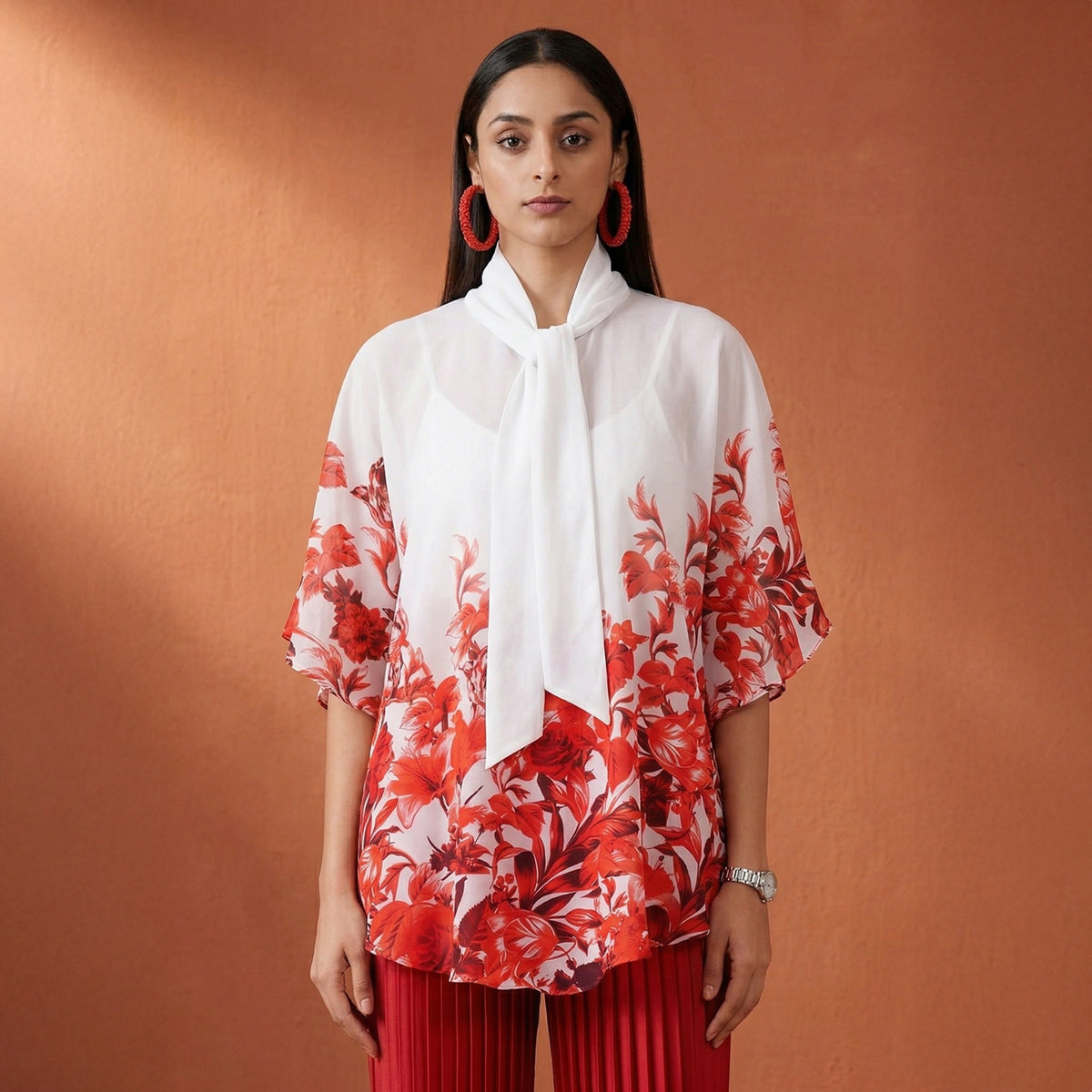 Red Floral Print Top for Women – Polyester Georgette | First Resort by Ramola Bachchan