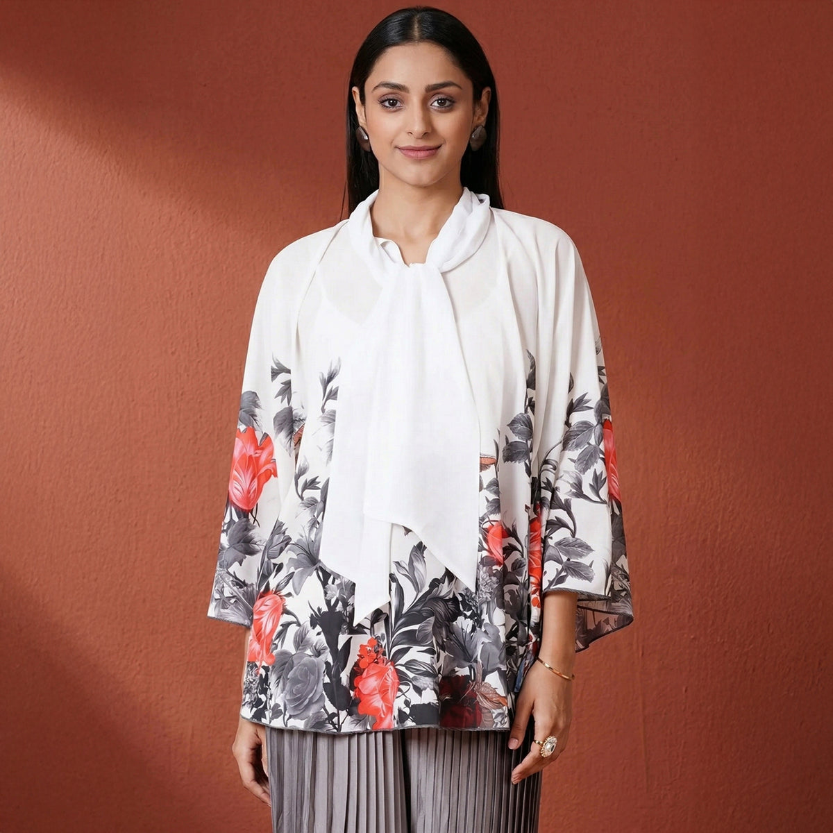 Red And Grey Floral Print Top for Women – Polyester Georgette | First Resort by Ramola Bachchan
