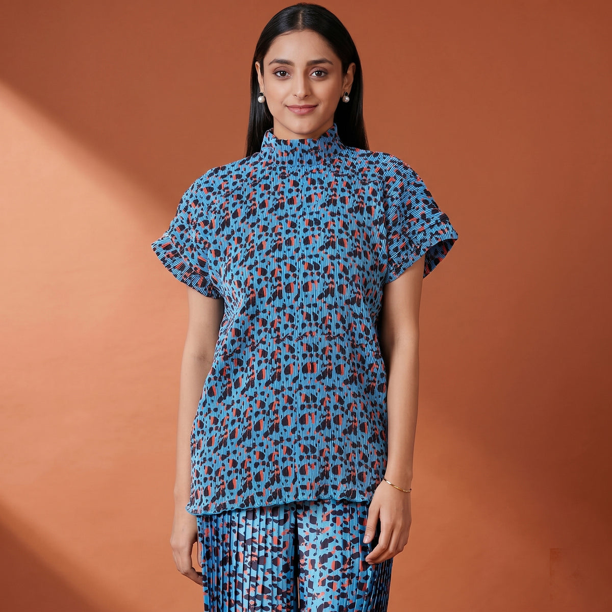Blue Animal Print Top for Women – Polyester Satin | First Resort by Ramola Bachchan