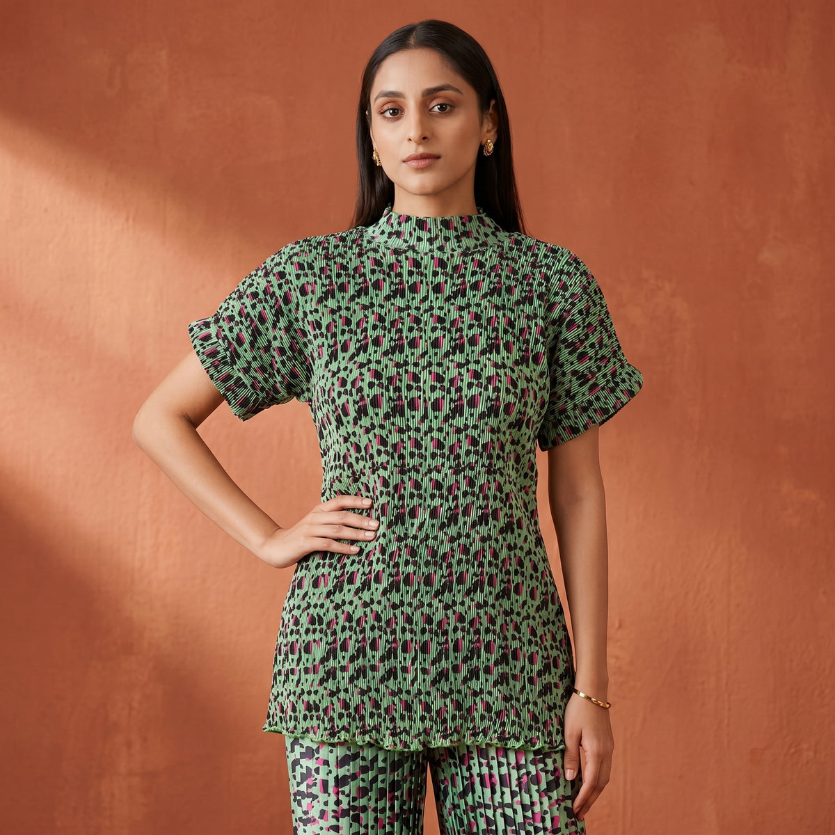 Green Animal Print Top for Women – Polyester Satin | First Resort by Ramola Bachchan