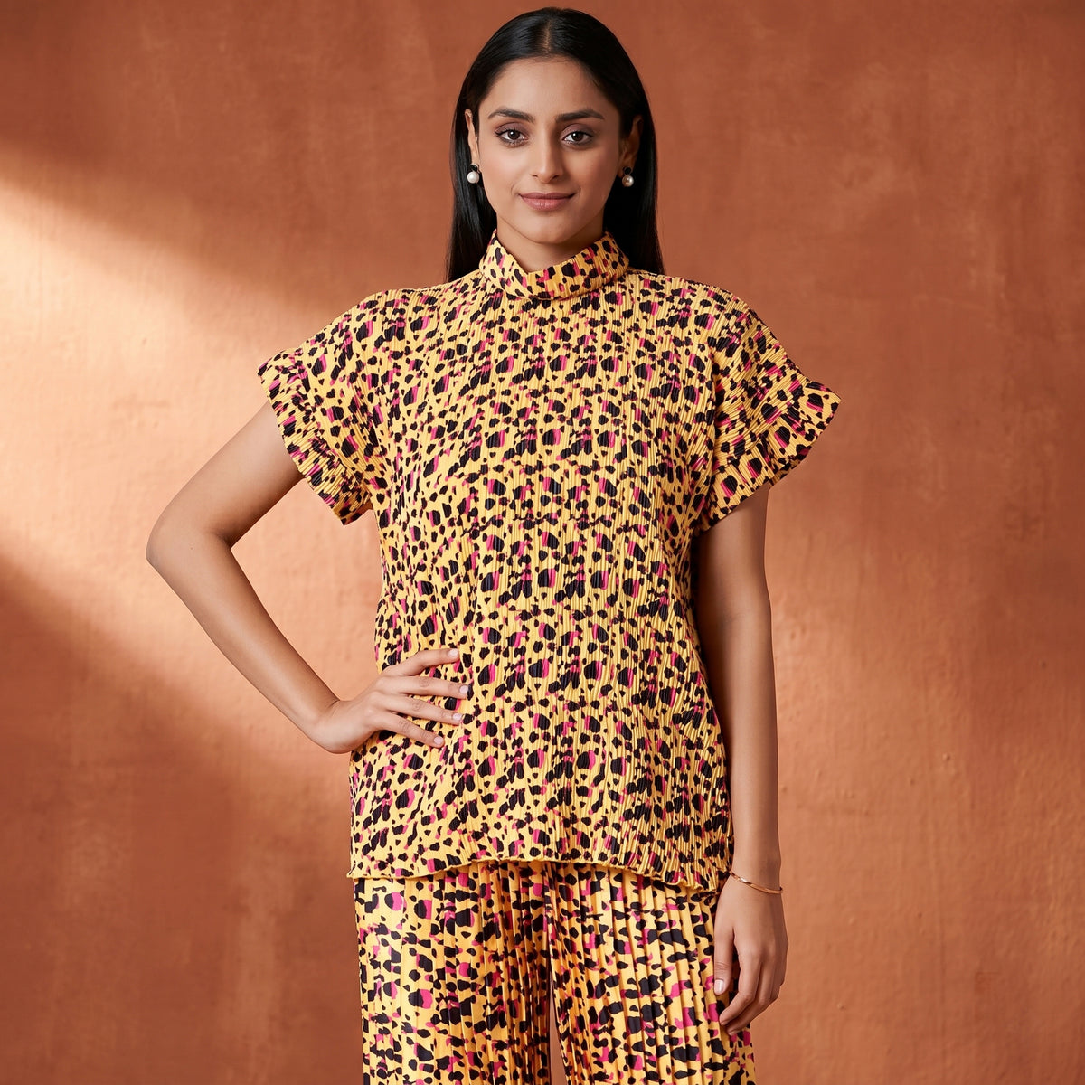 Yellow Animal Print Top for Women – Polyester Satin | First Resort by Ramola Bachchan