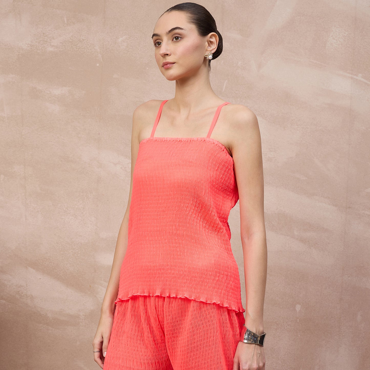 Neon Pink Top for Women – Polyester Chiffon – Model View | First Resort by Ramola Bachchan