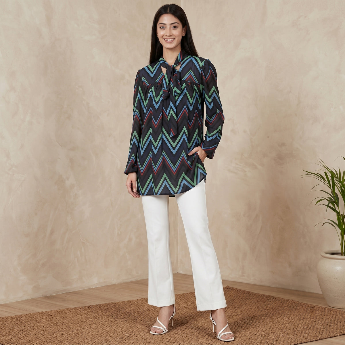Blue And Green Chevron Print Top for Women – Viscose Crepe | First Resort by Ramola Bachchan