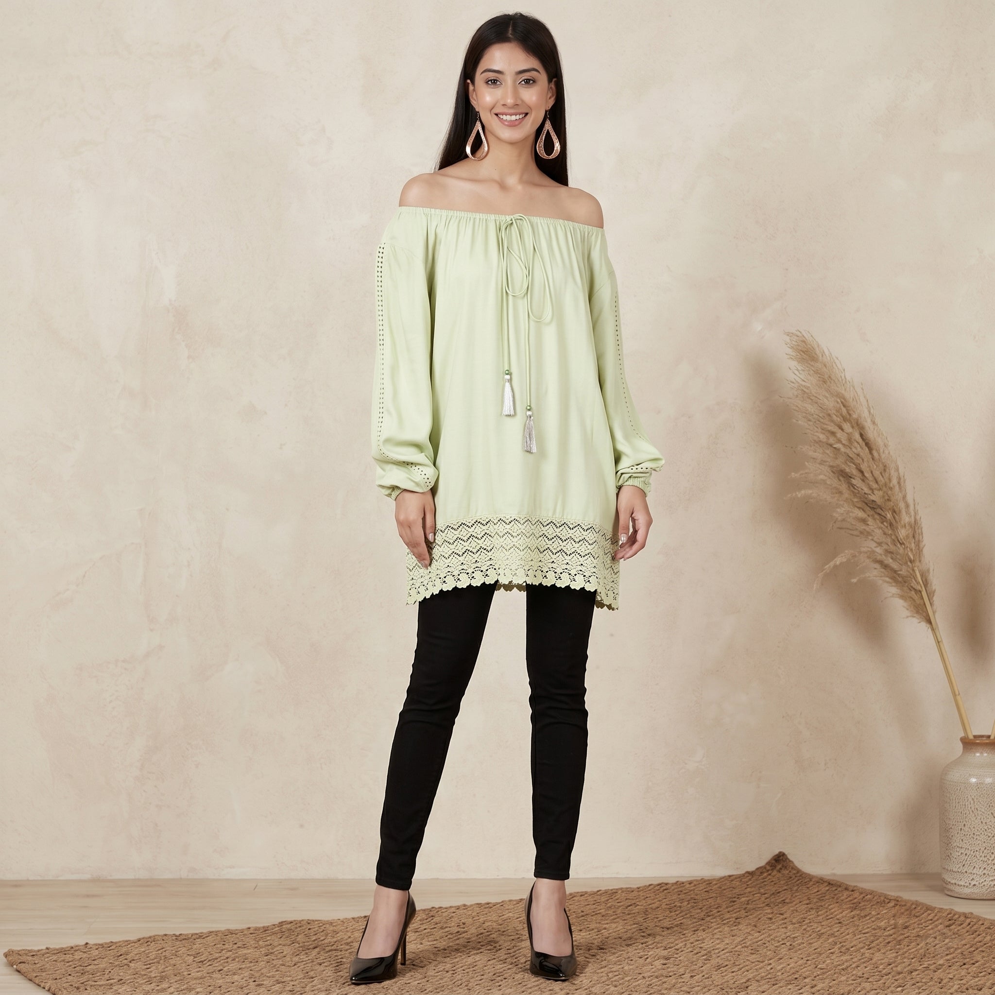 トップス mina perhonen forest village blouse 38 Mint Green Lace Peasant Top | First Resort by Ramola Bachchan