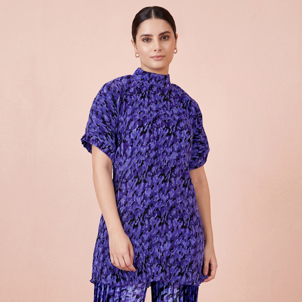 Blue Camouflage Print Top for Women – Polyester Satin | First Resort by Ramola Bachchan