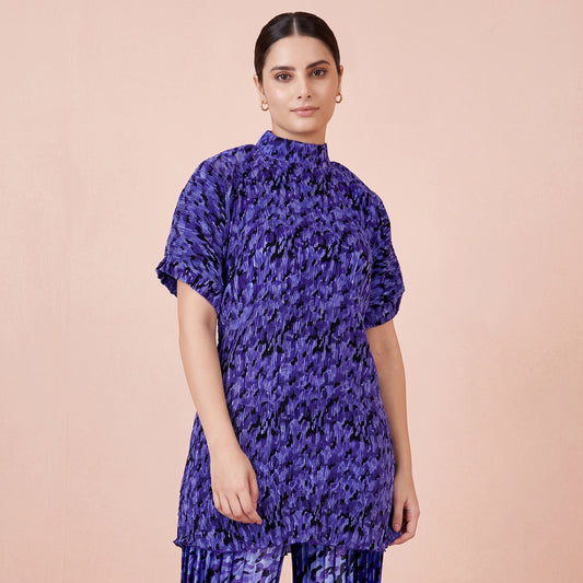 Blue Camouflage Print Top for Women – Polyester Satin | First Resort by Ramola Bachchan