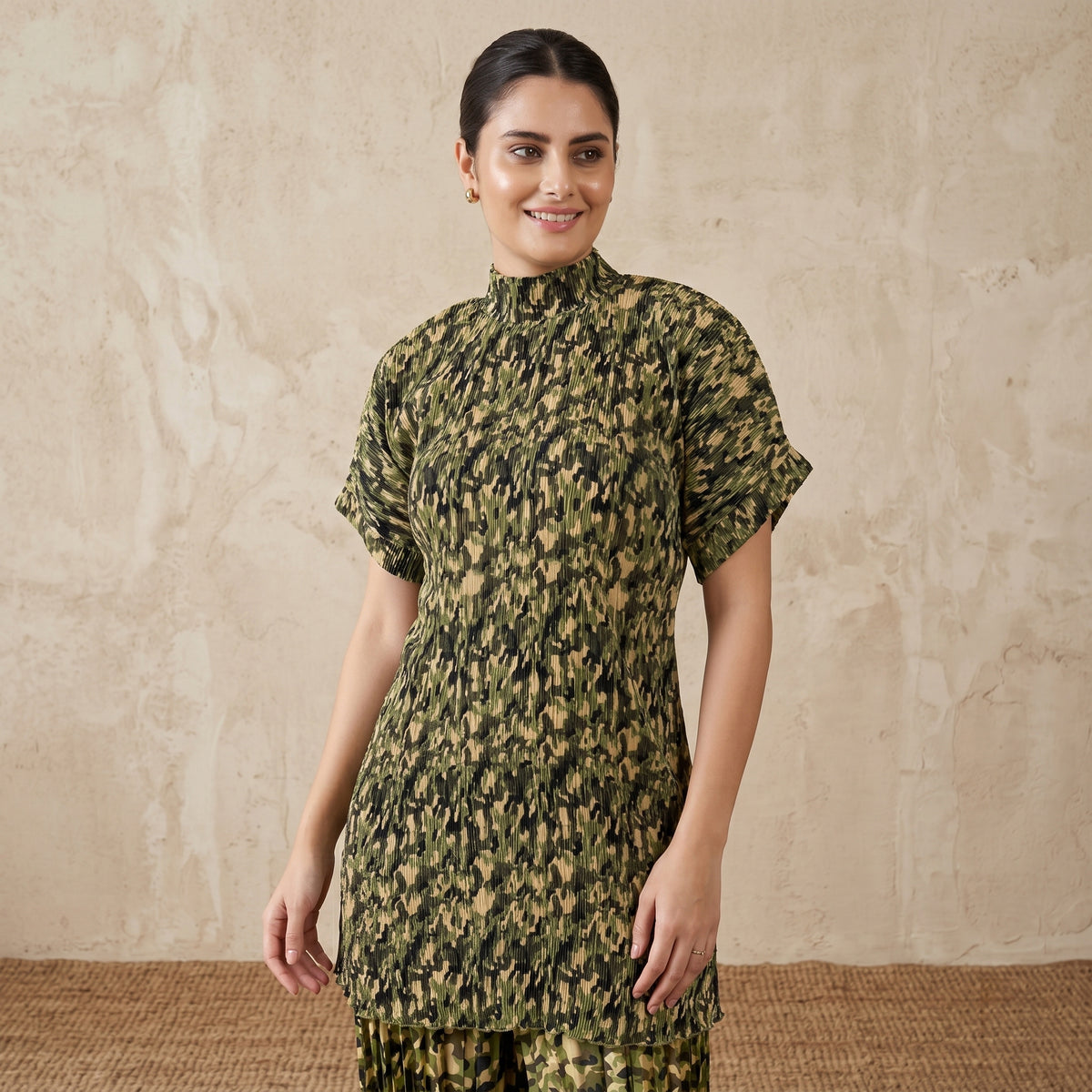 Forest Green Camouflage Print Top for Women – Polyester Satin | First Resort by Ramola Bachchan
