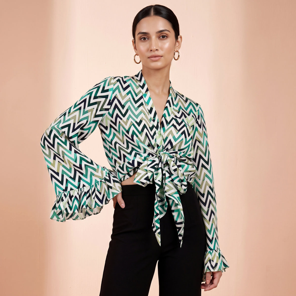 Green And White Chevron Print Top for Women – Viscose Crepe | First Resort by Ramola Bachchan