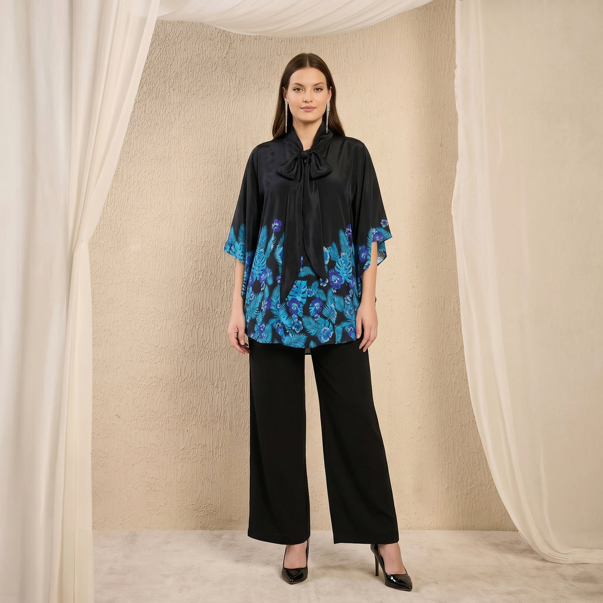 Black And Blue Floral Print Top for Women – Viscose Crepe | First Resort by Ramola Bachchan