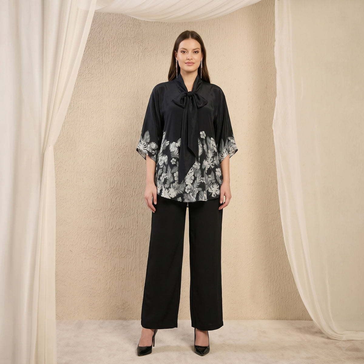 Black And Grey Floral Print Top for Women – Viscose Crepe | First Resort by Ramola Bachchan