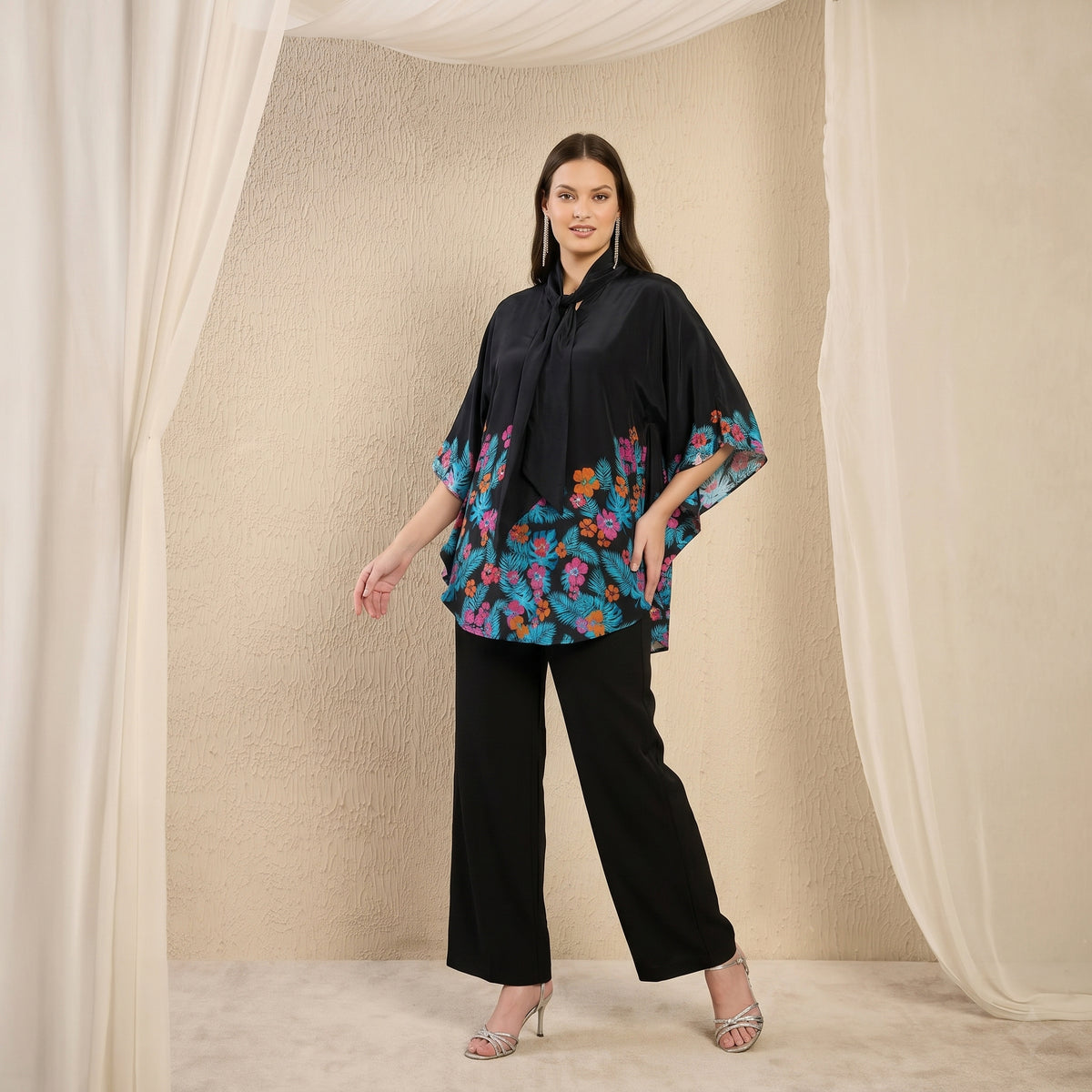 Black And Orange Floral Print Top for Women – Viscose Crepe | First Resort by Ramola Bachchan