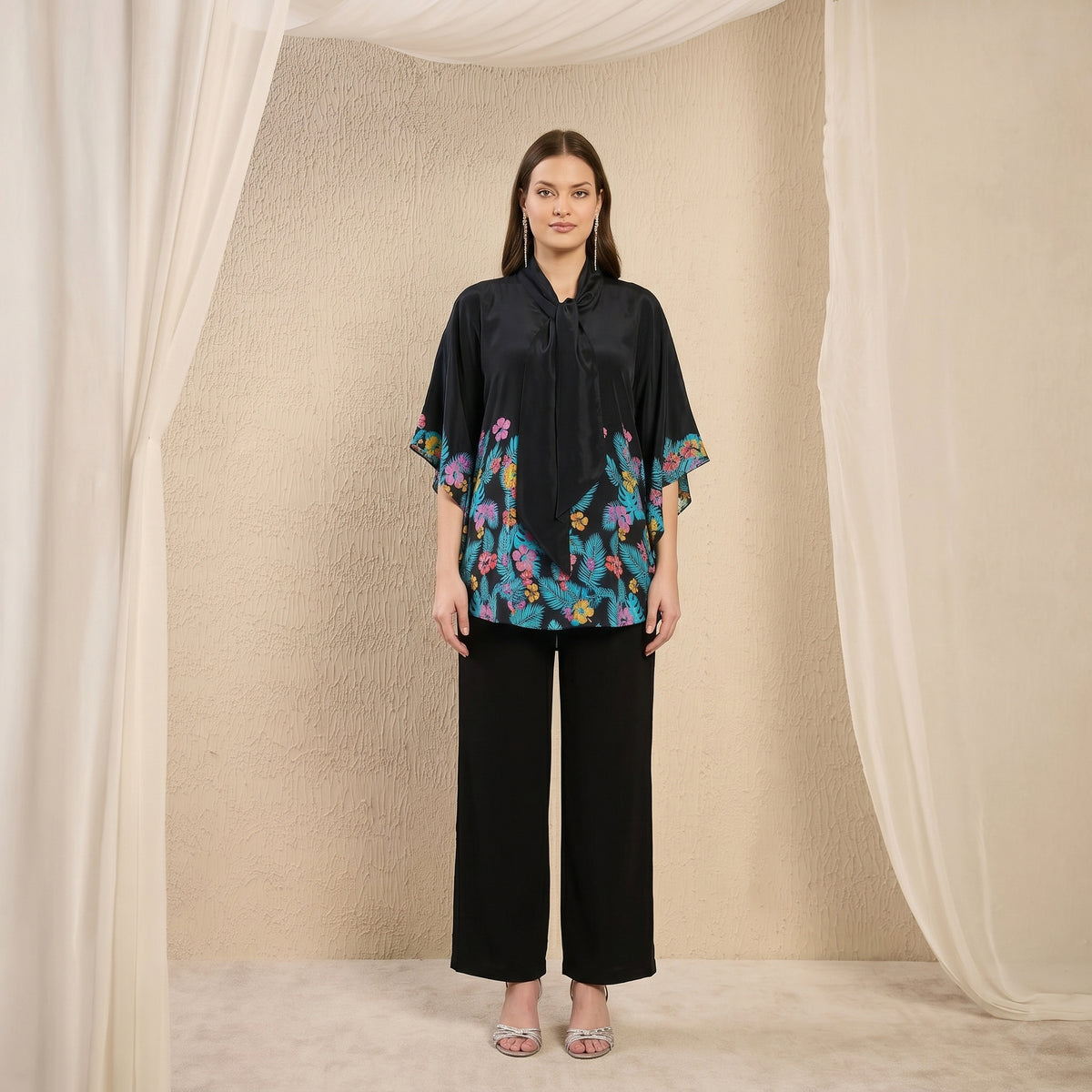 Black And Yellow Floral Print Top for Women – Viscose Crepe | First Resort by Ramola Bachchan