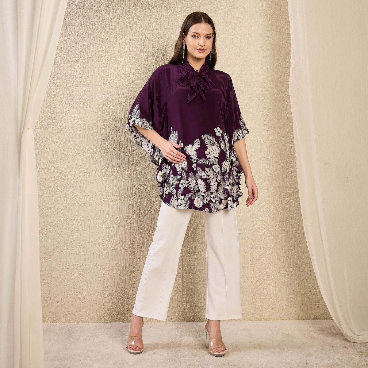 Purple and Grey Floral Print Top for Women – Viscose Crepe | First Resort by Ramola Bachchan