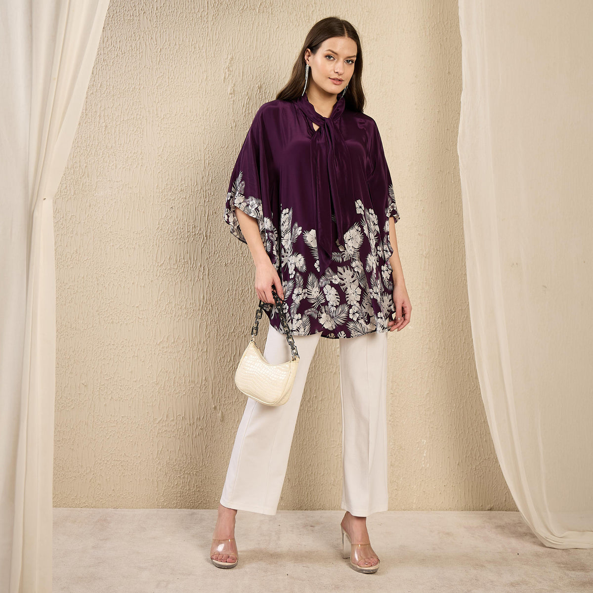 Purple and Grey Floral Print Top for Women – Viscose Crepe – Front View | First Resort by Ramola Bachchan