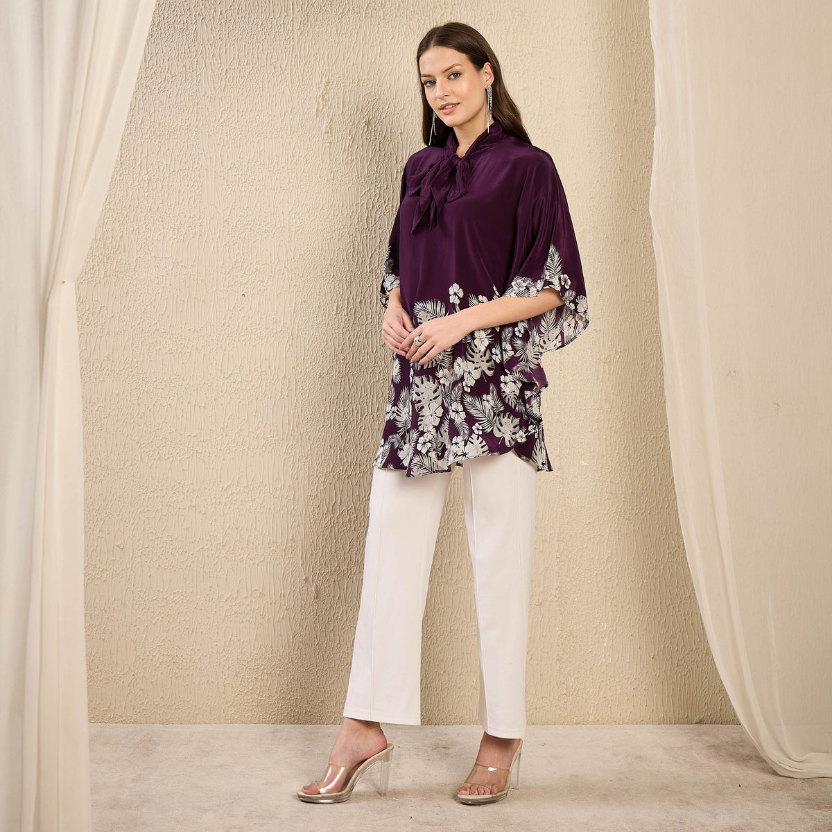 Purple and Grey Floral Print Top for Women – Viscose Crepe – Model View | First Resort by Ramola Bachchan