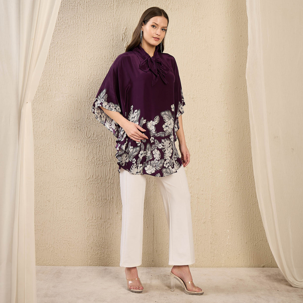 Purple and Grey Floral Print Top for Women – Viscose Crepe – Side View | First Resort by Ramola Bachchan
