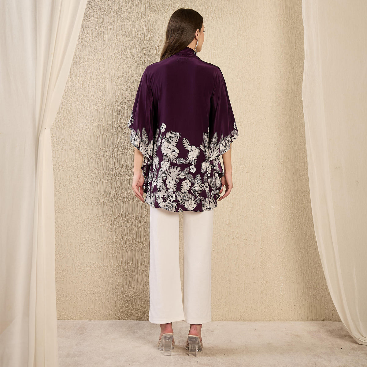 Purple and Grey Floral Print Top for Women – Viscose Crepe – Detail View | First Resort by Ramola Bachchan