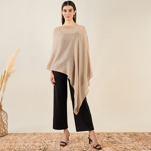 Almond Ombre Asymmetrical Embellished Cashmere Poncho