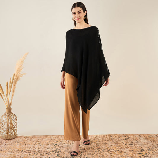 Black Asymmetrical Embellished Cashmere Poncho