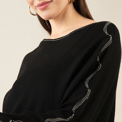 Black Asymmetrical Embellished Cashmere Poncho