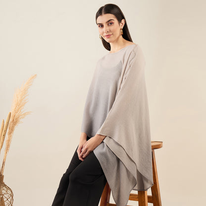 Beige Ombre Asymmetrical Embellished Cashmere Poncho