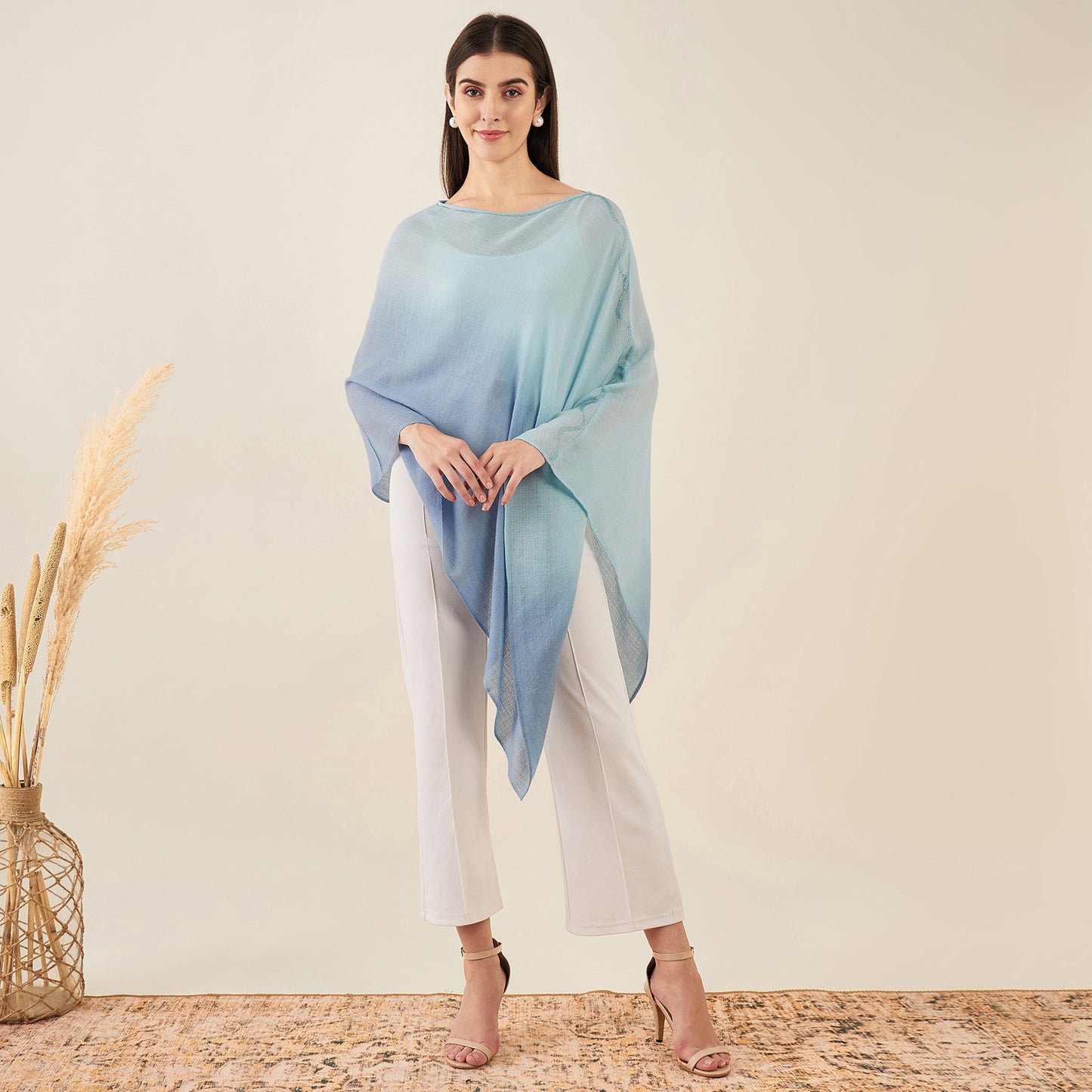 Blue Ombre Asymmetrical Embellished Cashmere Poncho