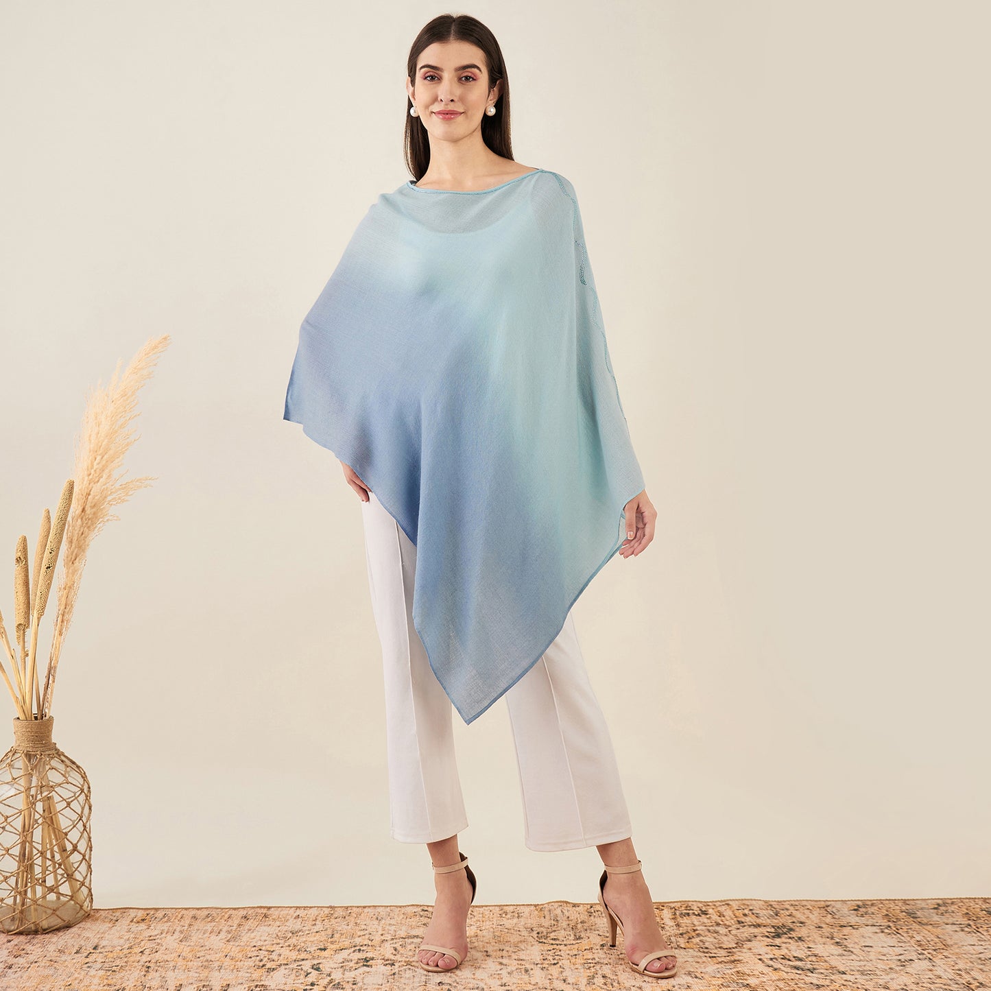 Blue Ombre Asymmetrical Embellished Cashmere Poncho