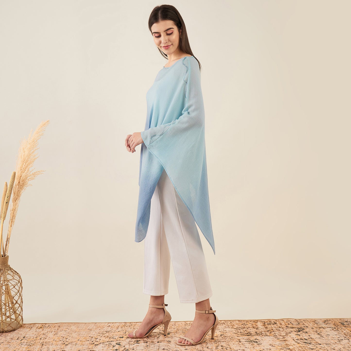 Blue Ombre Asymmetrical Embellished Cashmere Poncho