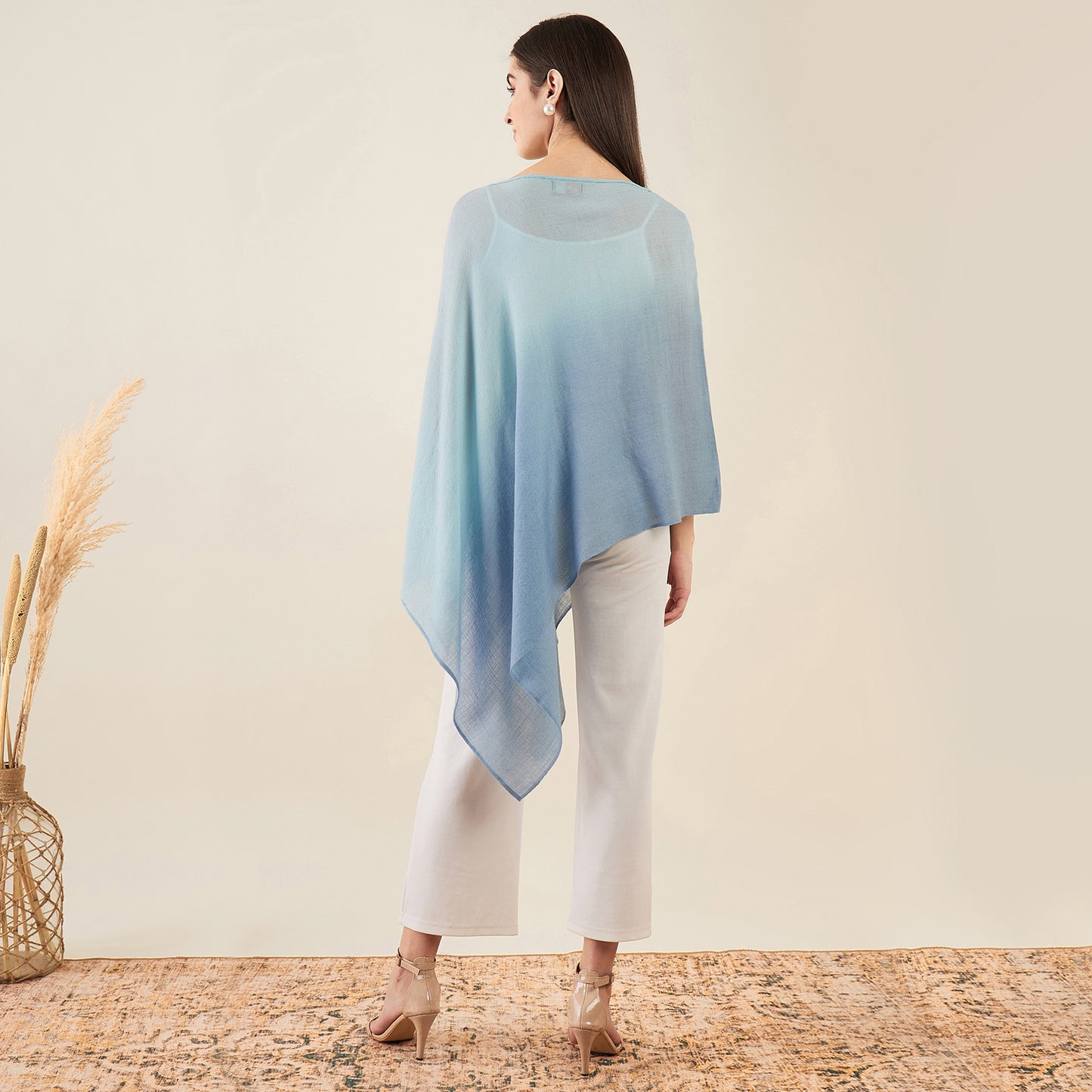 Blue Ombre Asymmetrical Embellished Cashmere Poncho