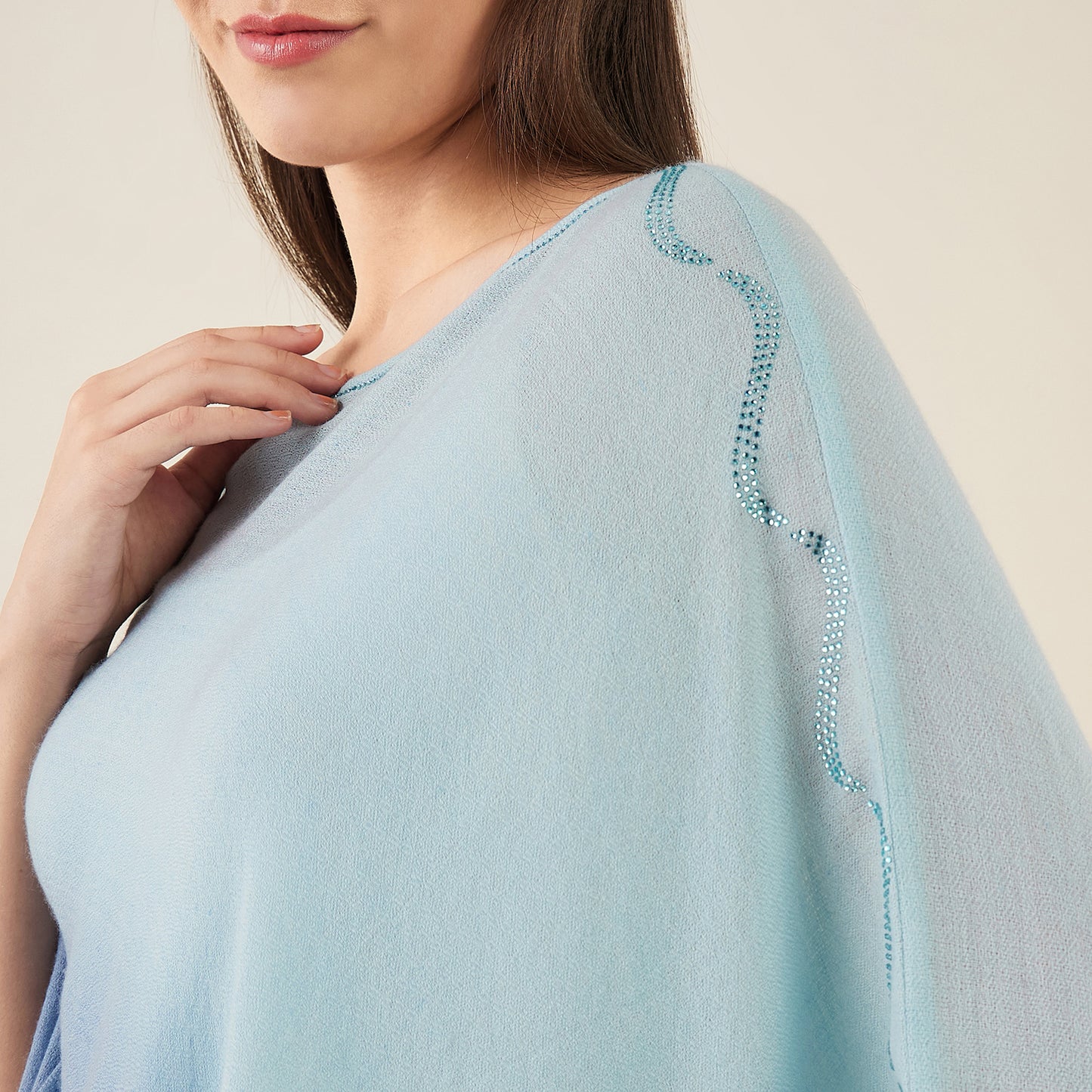 Blue Ombre Asymmetrical Embellished Cashmere Poncho