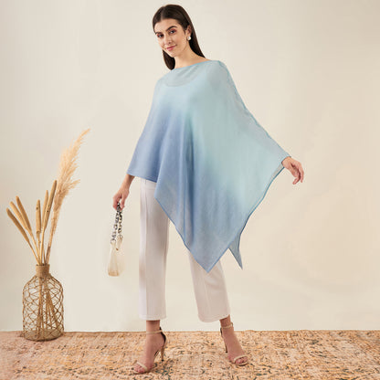 Blue Ombre Asymmetrical Embellished Cashmere Poncho