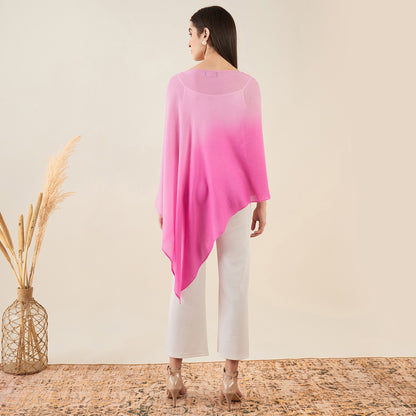 Candy Pink Ombre Asymmetrical Embellished Cashmere Poncho