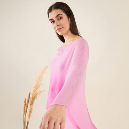 Candy Pink Ombre Asymmetrical Embellished Cashmere Poncho