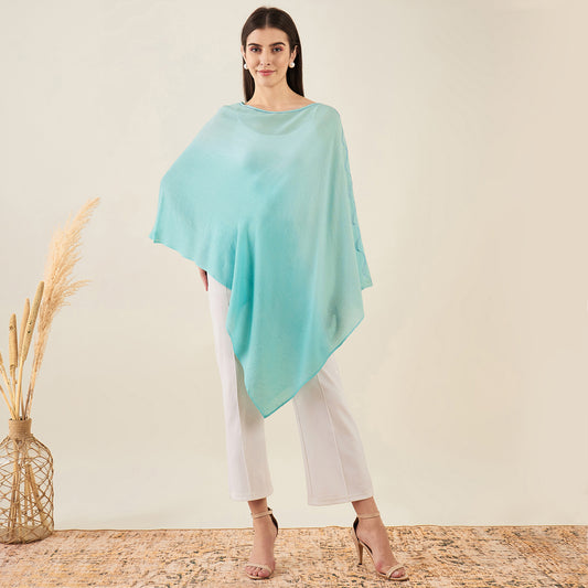 Mint Green Ombre Asymmetrical Embellished Cashmere Poncho