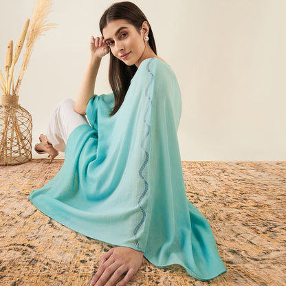 Mint Green Ombre Asymmetrical Embellished Cashmere Poncho