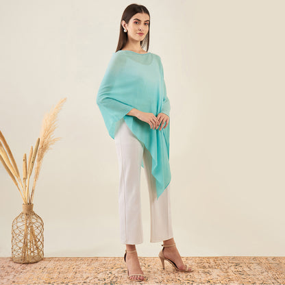 Mint Green Ombre Asymmetrical Embellished Cashmere Poncho