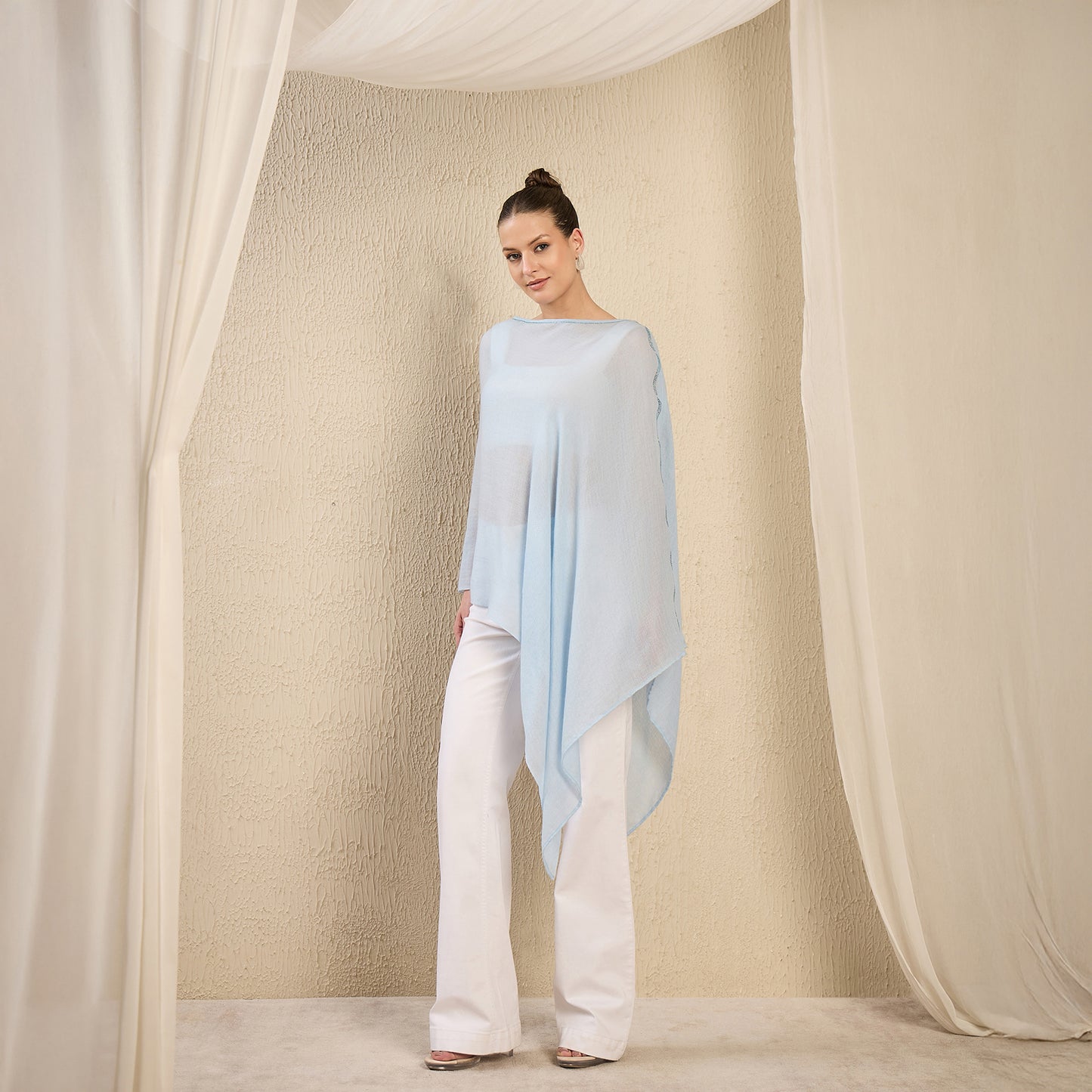 Sky Blue Ombre Asymmetrical Embellished Cashmere Poncho