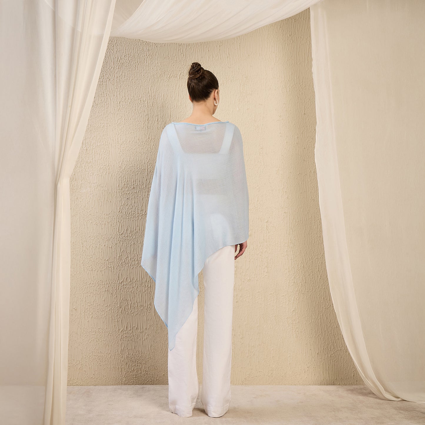 Sky Blue Ombre Asymmetrical Embellished Cashmere Poncho