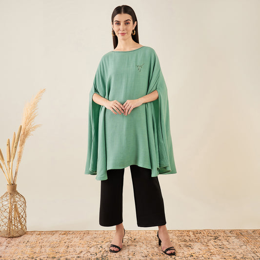 Seafood Green Embellished Long Cashmere Poncho