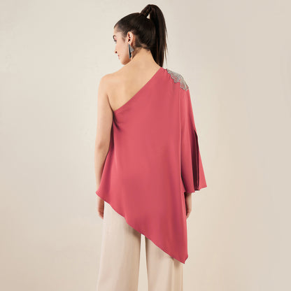 Rouge Red One-Shoulder Crystal Hand Embroidered Asymmetrical Top