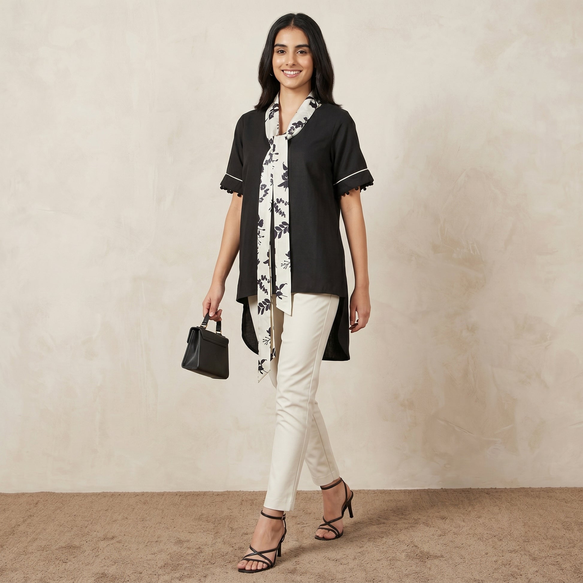 Black And Ivory Top for Women – Viscose Linen | First Resort by Ramola Bachchan