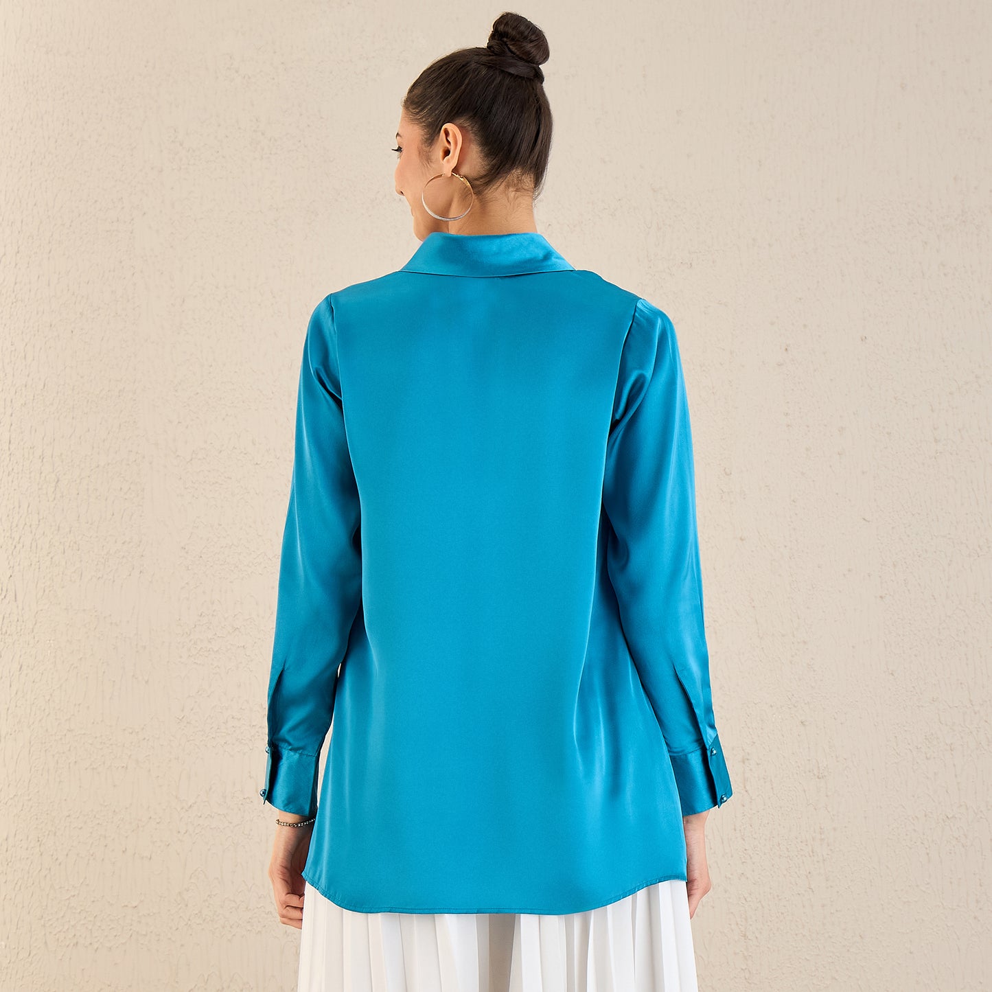 True Blue Shawl Collar Satin Top