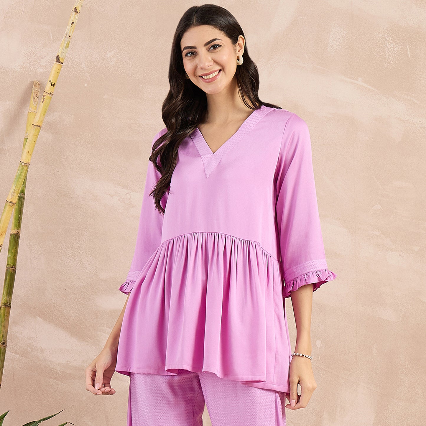 Purple Herringbone V-Neck Peplum Top