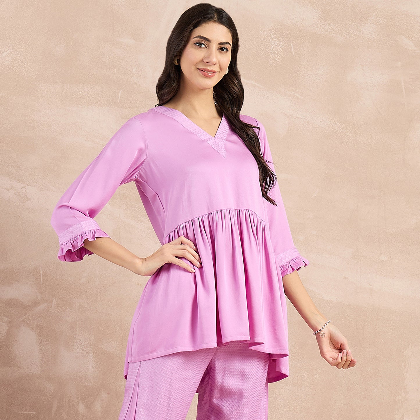 Purple Herringbone V-Neck Peplum Top